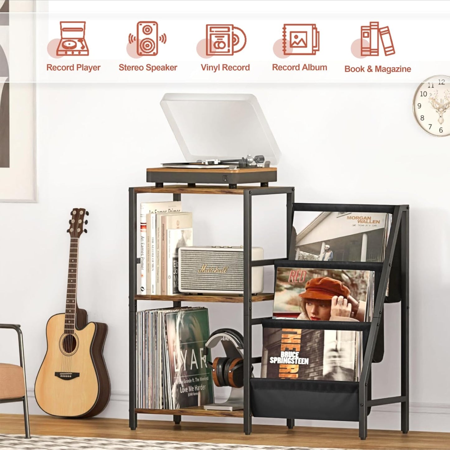 Record Player Stand with Vinyl Storage, Record Player Table with Record Storage 200 Albums, Turntable Stand with Record Holder Vinyl Display Shelf, Record Cabinet Media Stereo (White) - PuriLite