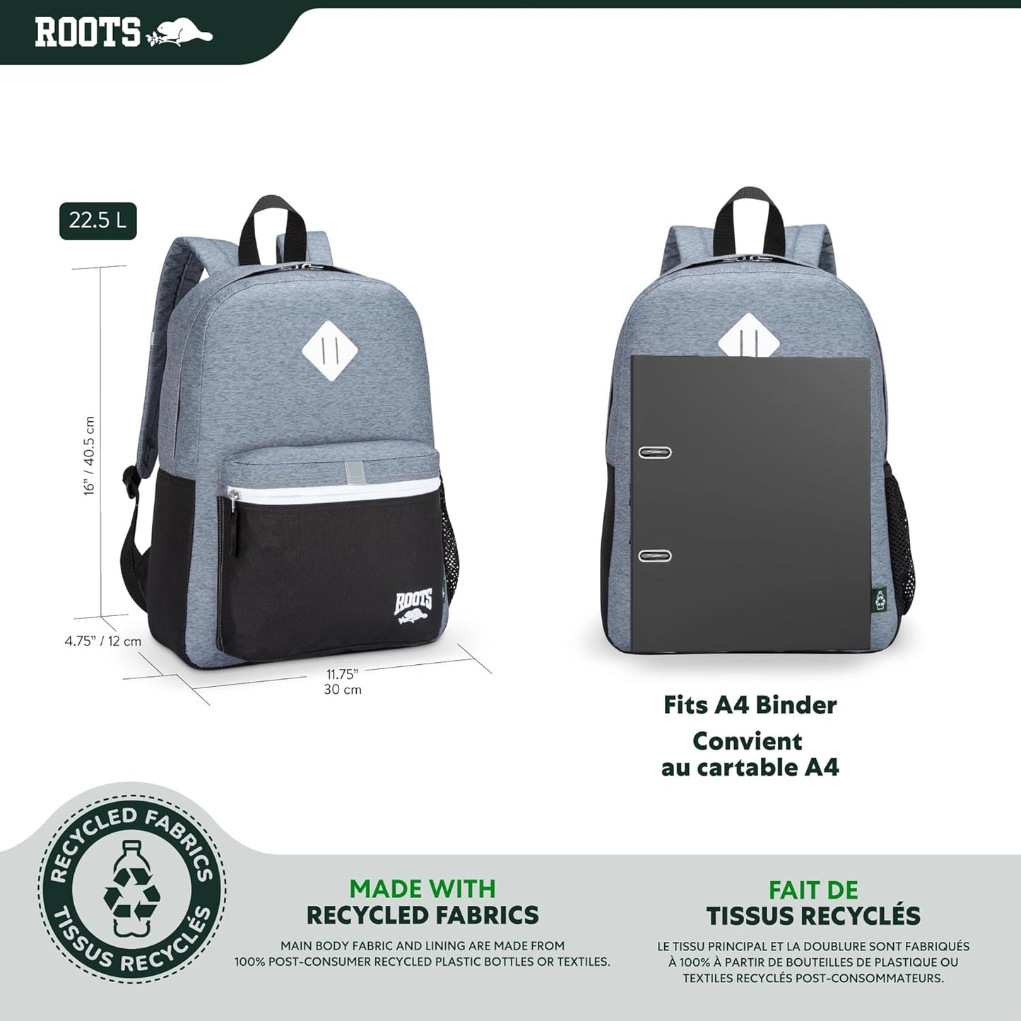 Roots Kids Lightweight Backpack — Made from 100% Recycled Fabrics with Rain Flap, Bottle Pocket, Reflective Accent, and Back Padding — 22.5 litres, Pink & Purple