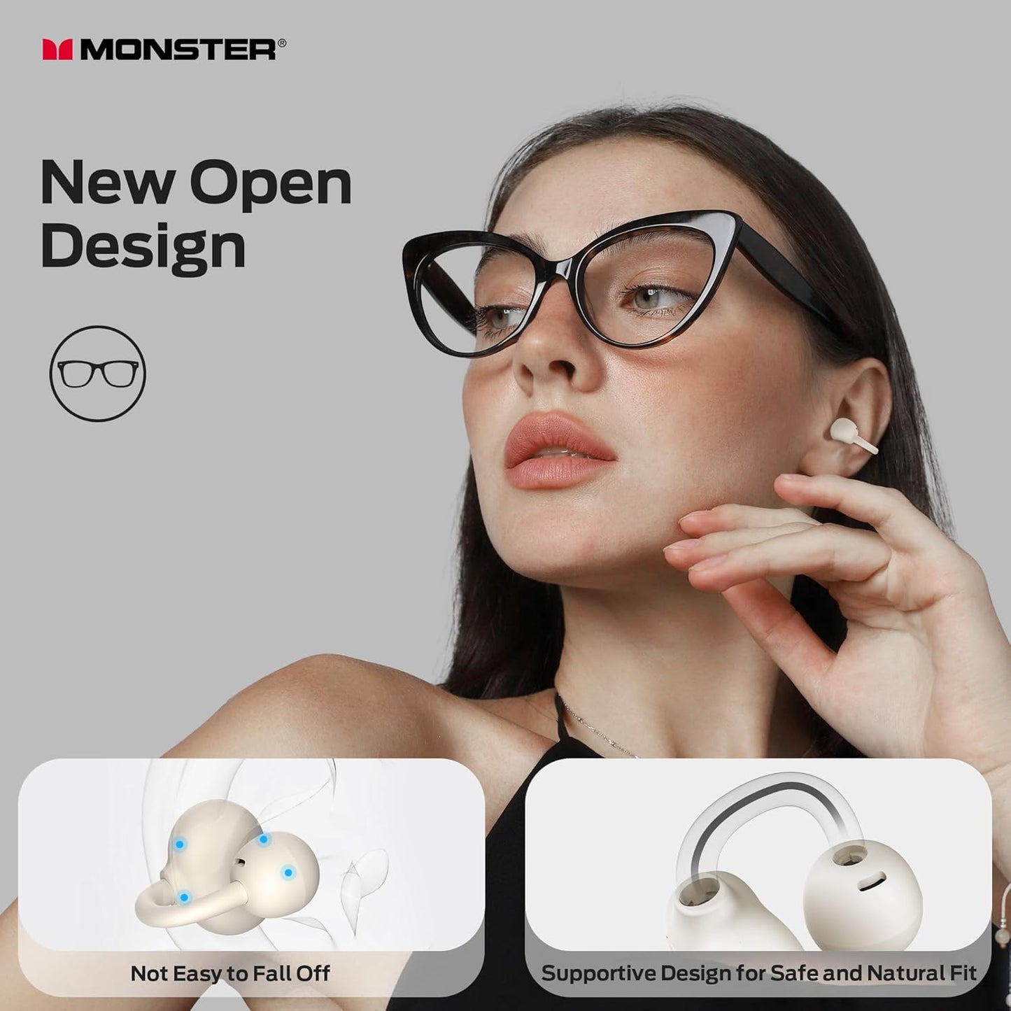Monster Open Ear AC339 Headphones, Bluetooth 6.0 Earphones Stereo Sound, Open Ear Clip Wireless Earbuds 40 Hours Playback, with Smart Digital Display Design, Touch Control, IPX6 Waterproof,Beige