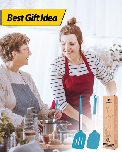 Pack of 2 Silicone Slotted Spatula,Non Stick Solid Kitchen Turner, High Heat Resistant BPA Free Cooking Utensils for Fish, Eggs, Pancakes（Black