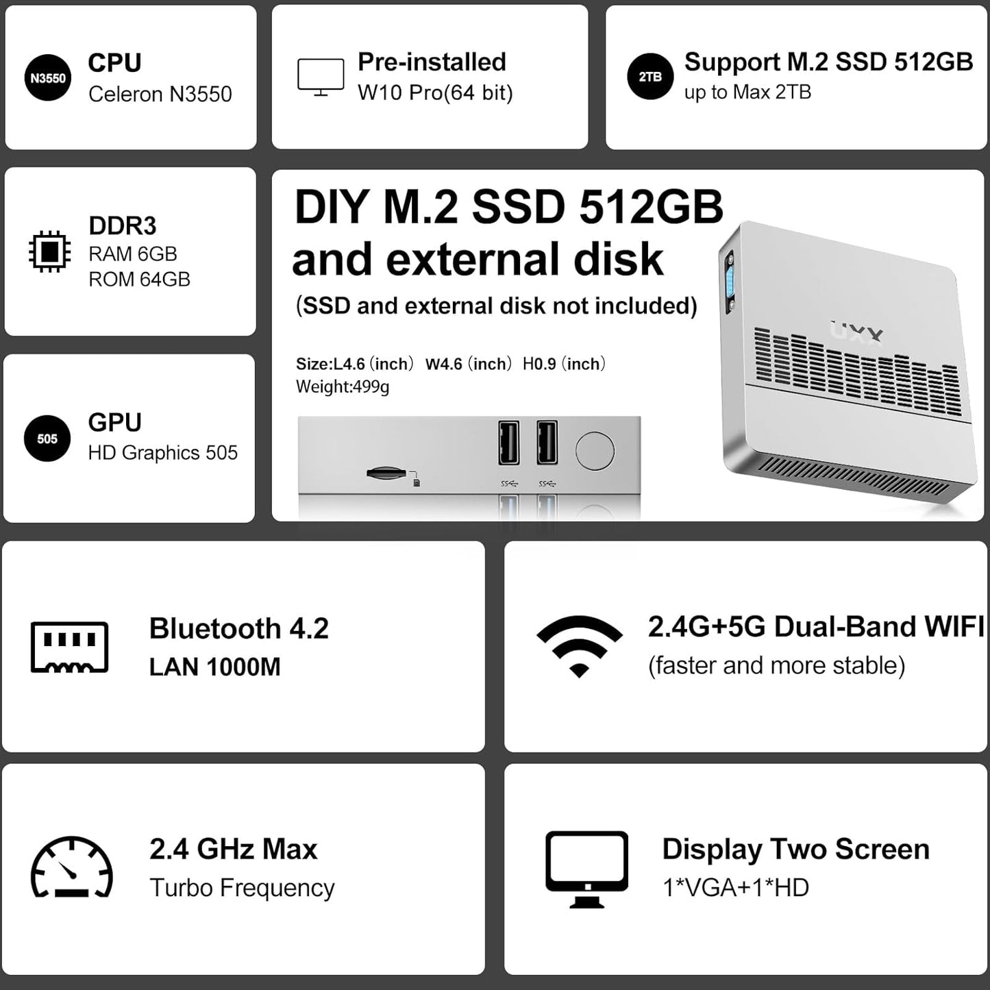 2025 Newest Mini PC Support 512GB/2TB M2 SSD Expansion, Celeron N3350 6GB RAM/64GB eMMC Micro PC, Business Mini Computer 4K HD+VGA Dual Display, BT, 2.4/5G WiFi, USB 3.0, LAN（Silver）