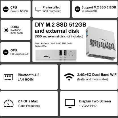 2025 Newest Mini PC Support 512GB/2TB M2 SSD Expansion, Celeron N3350 6GB RAM/64GB eMMC Micro PC, Business Mini Computer 4K HD+VGA Dual Display, BT, 2.4/5G WiFi, USB 3.0, LAN（Silver）