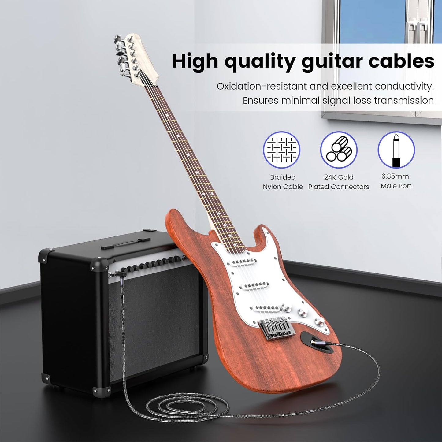 MOSWAG Guitar Cable 10 Ft, 1/4 Inch Right Angle Instrument Cable, Electric Guitar Cord, 1/4 Inch TS Electric Guitar Amp Cord Compatible Bass Guitar, Electric, Bass, Amplifier