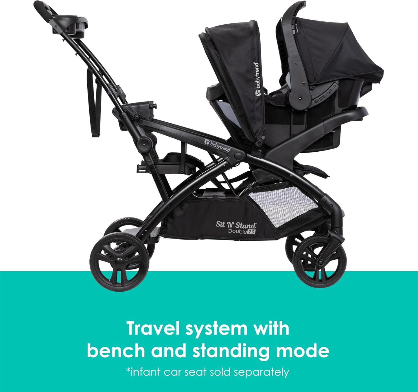 Baby Trend Sit n Stand Double 2.0 Stroller - Convertible Multi-Use Easy Fold Travel Toddler & Baby Tandem Double Stroller with Safety Harness and Storage Basket - Dash Black
