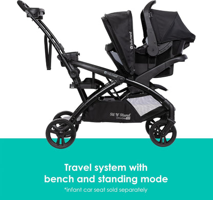 Baby Trend Sit n Stand Double 2.0 Stroller - Convertible Multi-Use Easy Fold Travel Toddler & Baby Tandem Double Stroller with Safety Harness and Storage Basket - Dash Black