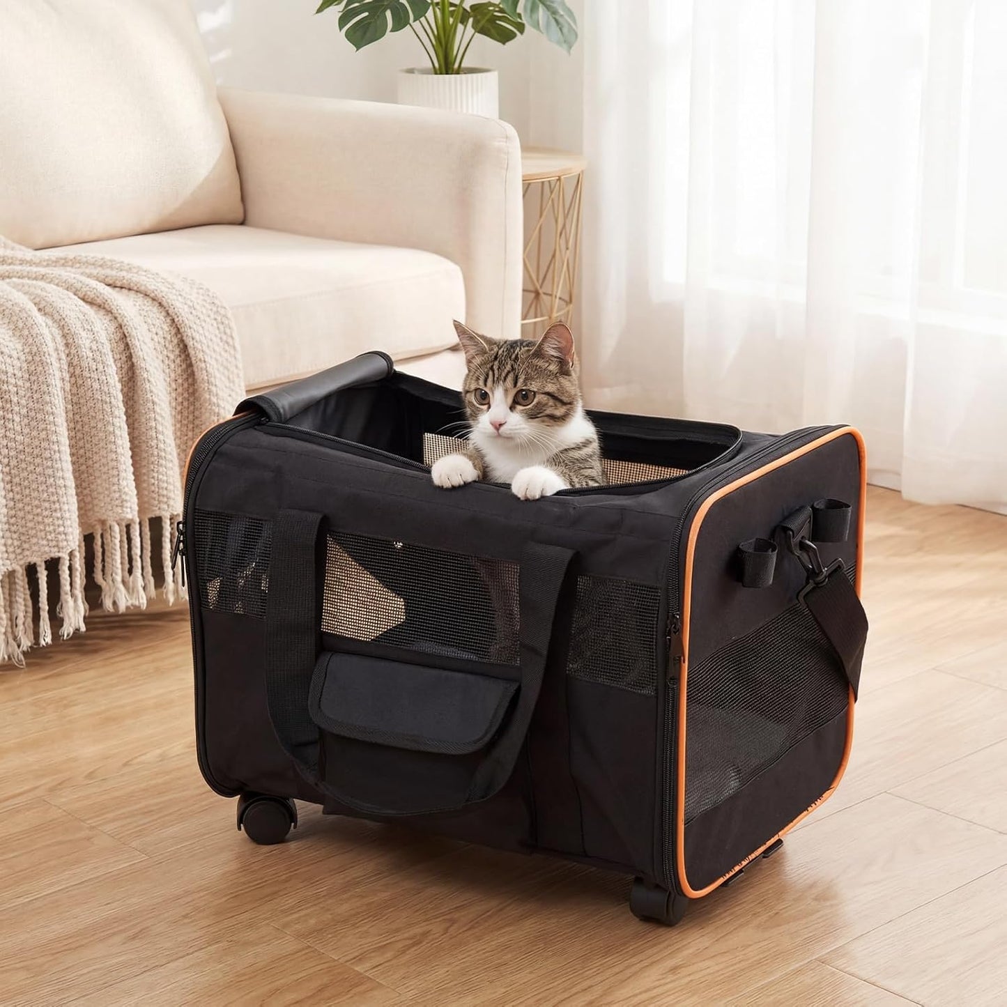 Giantex Rolling Pet Carrier with Wheels, Foldable Cat Carrier with Telescopic Handle, Breathable Mesh Dog Crate with Safety Leash & Washable Pad, Portable Pet Travel Bag for Small Pets up to 33 lbs
