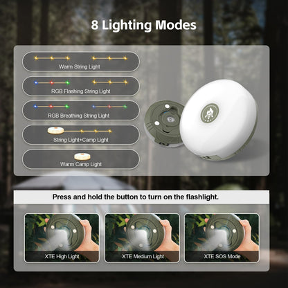 Camping String Lights, 32.8Ft Outdoor String Lights with 8 Lighting Modes,Quick 30s Recovery,Portable and Durable,12H Runtime-Rechargeable Camping Lights for Outdoor Yard Hiking
