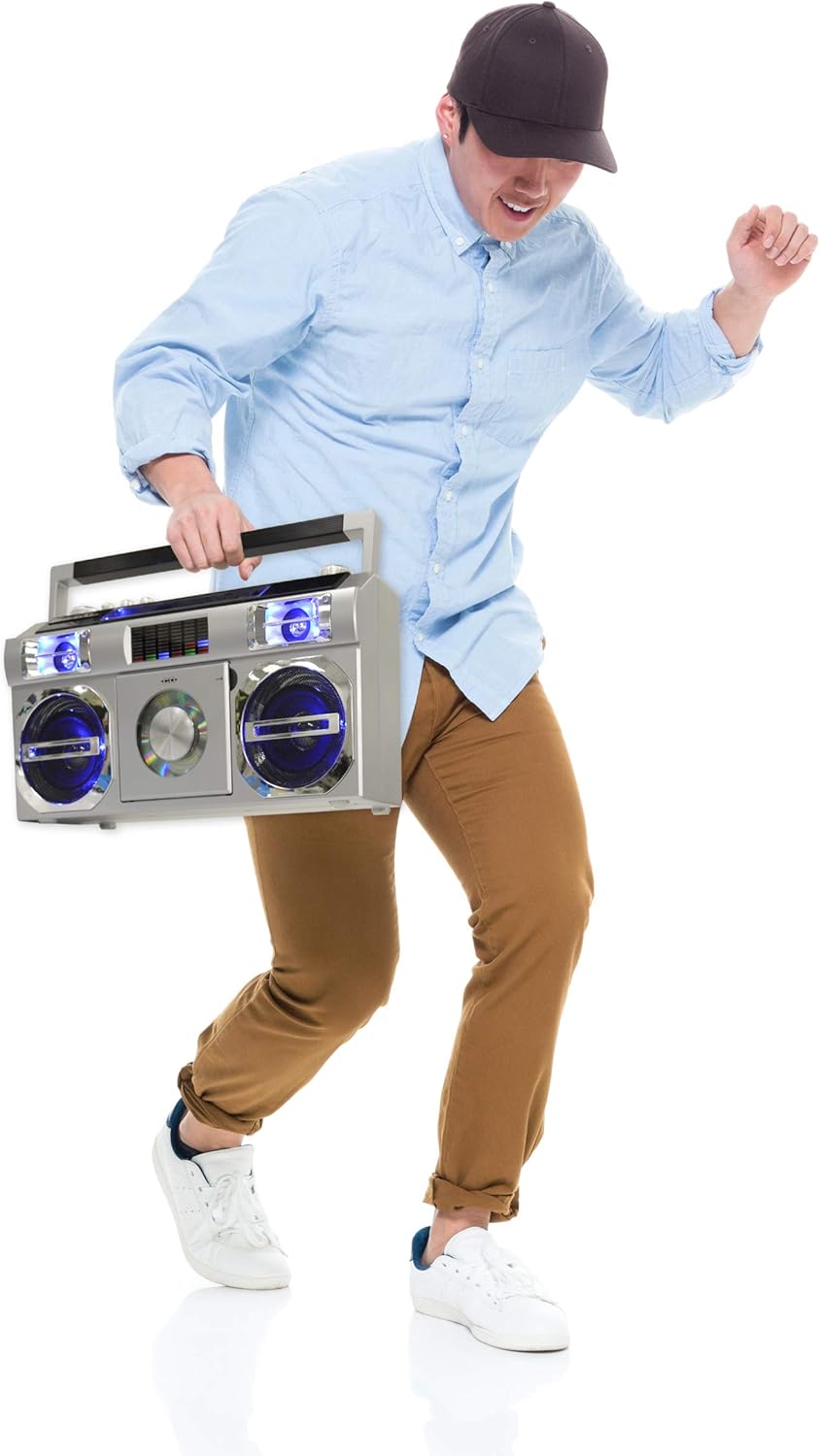 Studebaker SB2145S 80's Retro Street Bluetooth Boombox with FM Radio, CD Player, LED EQ, 10 Watts RMS and AC/DC in Silver