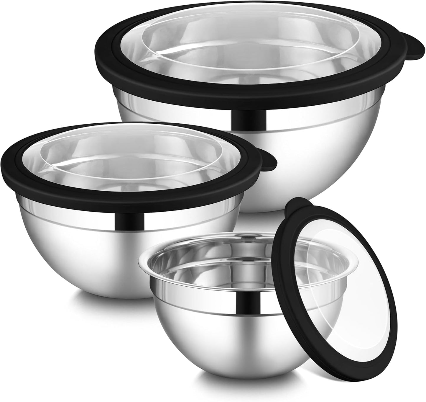 LIANYU Mixing Bowls Sets of 3, Stainless Steel Metal Nesting Mixing Bowl Sets for Kitchen, Large and Small Size 4.6 & 2.6 & 1.5QT, Include Transparent & Airtight Lids, Dishwasher & Freezer Safe, Black