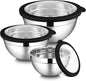 LIANYU Mixing Bowls Sets of 3, Stainless Steel Metal Nesting Mixing Bowl Sets for Kitchen, Large and Small Size 4.6 & 2.6 & 1.5QT, Include Transparent & Airtight Lids, Dishwasher & Freezer Safe, Black