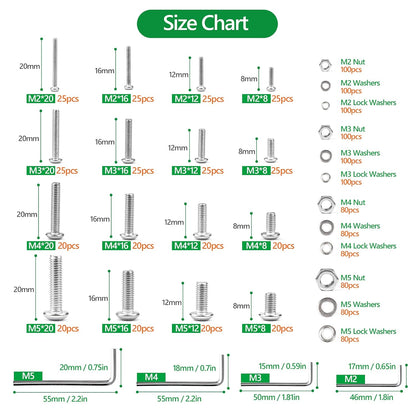 860PCS Metric Screw Assortment Kit, M2 M3 M4 M5 Machine Screws with Lock & Flat Washers, 10.9 Grade Alloy Steel, Metric Hex Button Head Cap Nuts and Bolts Assortment Kit with 4 Wrenches