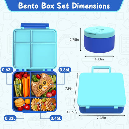 Bento Lunch Box for Kid with 7oz Soup Jar, Leak-Proof Lunch Box with Cutlery, 4-Compartments Lunch Container for School Outdoors Office