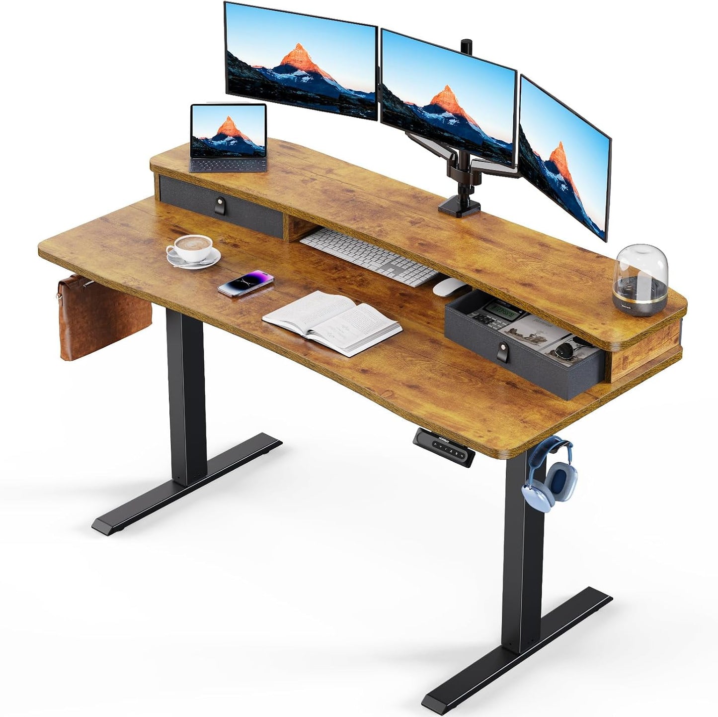 HUANUO 60″ x 30″ Electric Standing Desk with 2 Drawers, C-Clamp Mount Compatible, Height Adjustable Computer Desk, Home Office Stand Up Desk with 4 Preset Heights & 2 Hooks, Vintage Brown