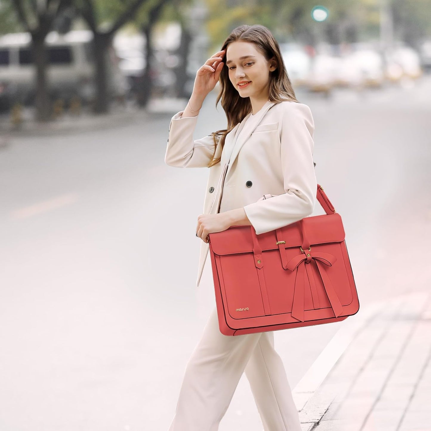 MOSISO Laptop Bag for Women, PU Leather Laptop Shoulder Bag Convertible Backpack, Work Travel Computer Bag with Bowknot - PuriLite