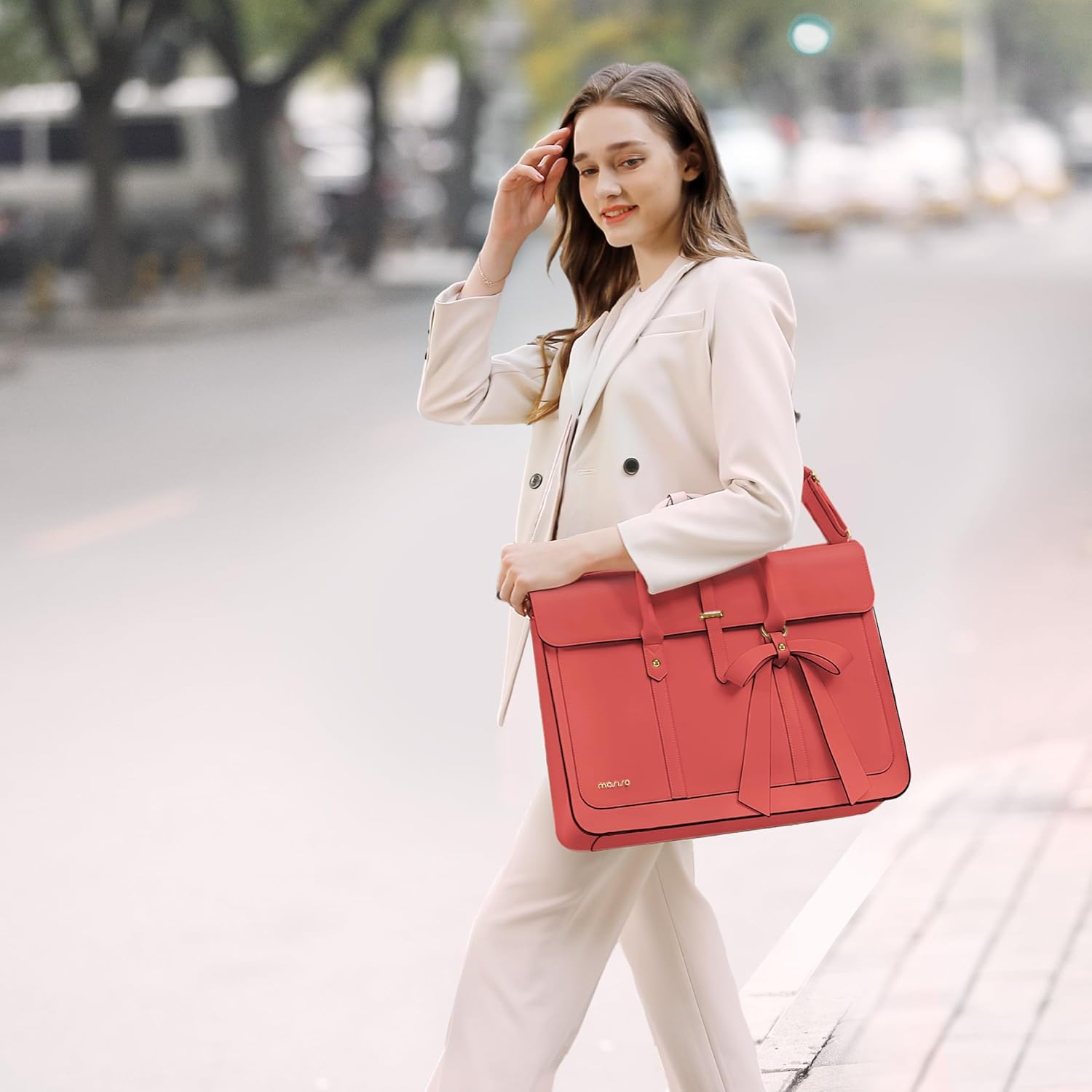 MOSISO Laptop Bag for Women, PU Leather Laptop Shoulder Bag Convertible Backpack, Work Travel Computer Bag with Bowknot - PuriLite