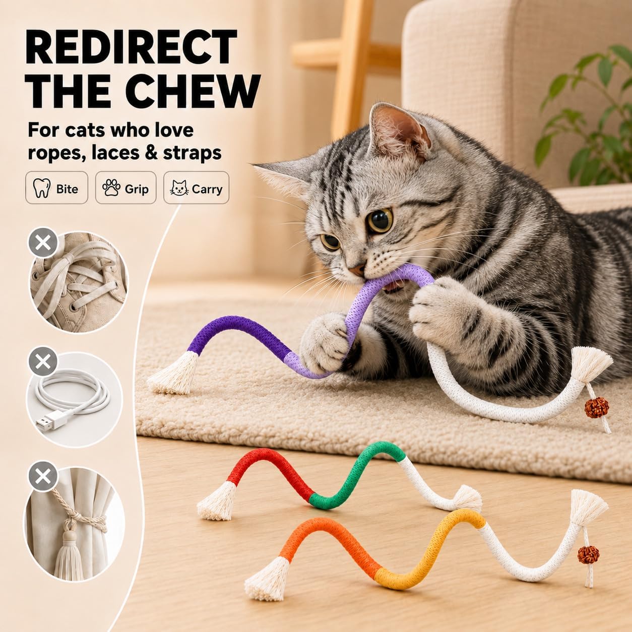 Cat Chew Long Rope Toys(27.5 Inch) 3PCS Refillable Catnip and Silvervine, Interactive Toy for Indoor Cats & Kittens, Safe Dental Chew Toys for Teeth Cleaning & Stress Relief