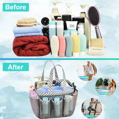 Mesh Shower Caddy Tote, Large College Dorm Bathroom Caddy Organizer with Key Hook and 2 Oxford Handles, Quick Hold, 8 Basket Pockets for Camp Gym