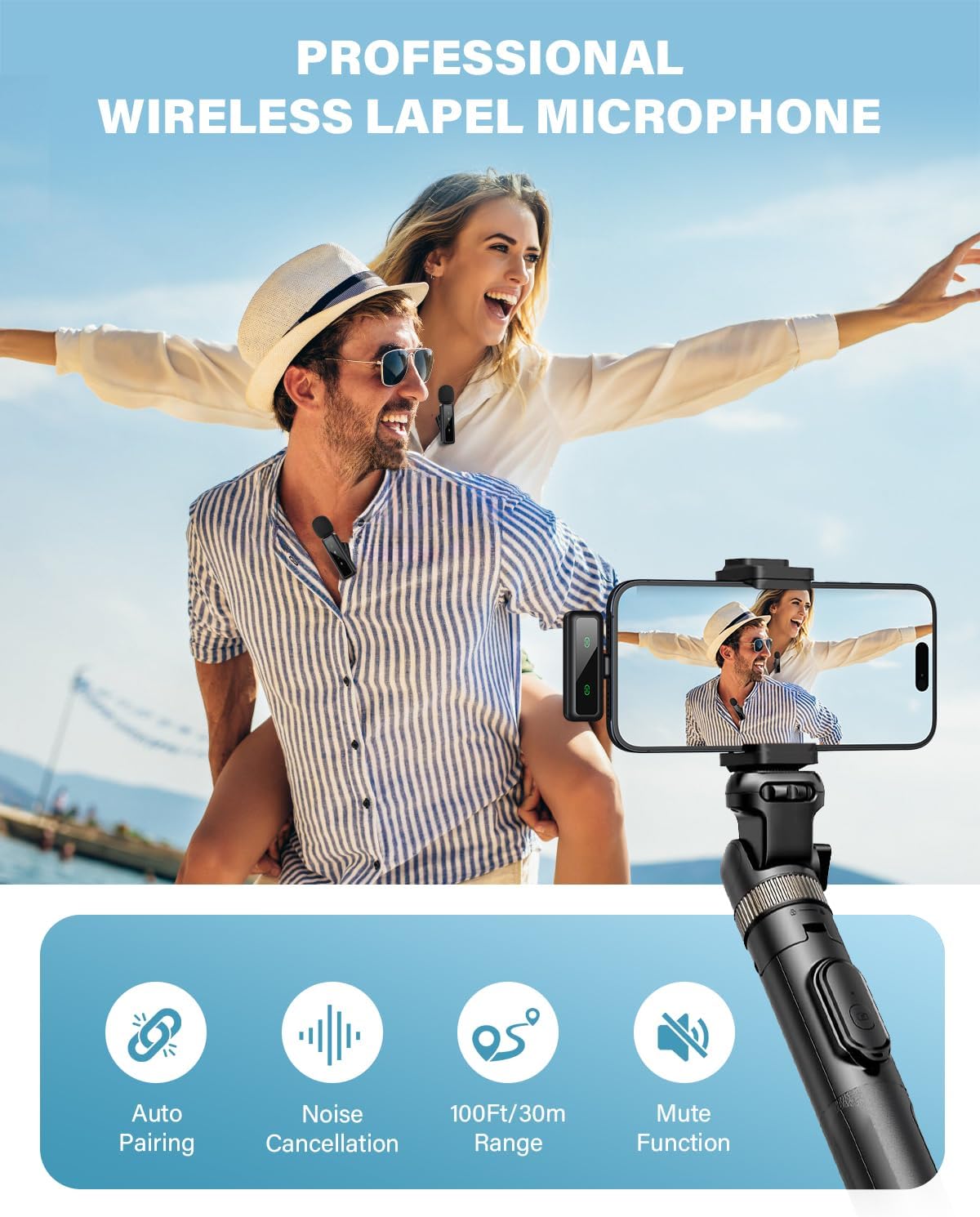 Mini Microphone, Wireless Lavalier Microphone for iPhone, iPad, Android, 2-Pack Mini Mic with Noise Reduction, Auto Pairing and Mute & Reverb for Vlogging, Video Recording, Live Streaming, Interview