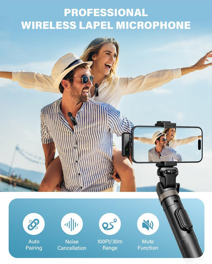 Mini Microphone, Wireless Lavalier Microphone for iPhone, iPad, Android, 2-Pack Mini Mic with Noise Reduction, Auto Pairing and Mute & Reverb for Vlogging, Video Recording, Live Streaming, Interview