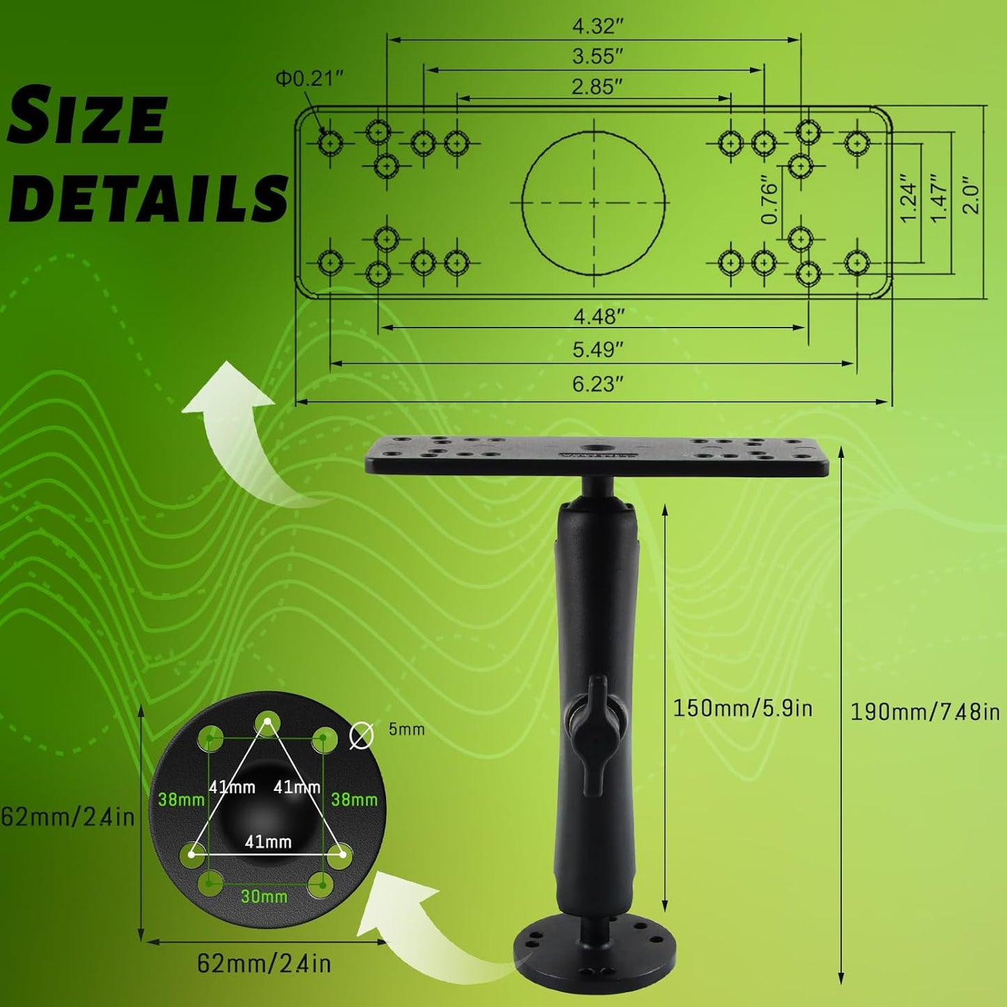 RomHaus Marine-Grade Metal Fish Finder Mount for Boat with B Size Ball 1"/25mm, 5.91" Arm and Universal Fish Finder Mounting Plate, Drilled Base, Compatible with Garmin, Lowrance, Humminbird and More