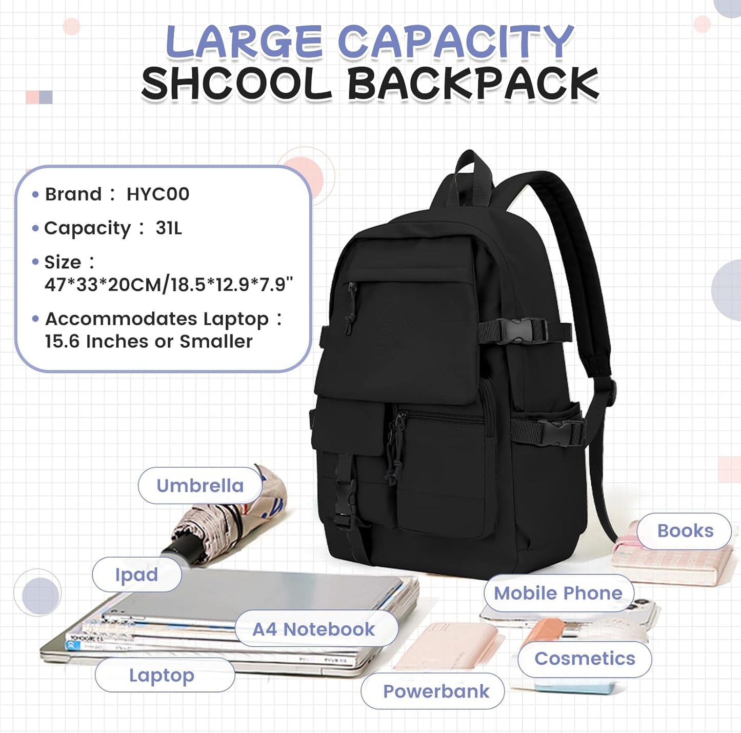 School Backpack for Women Men College High School Bags for Boys Girls Casual Daypack Laptop Backpack Waterproof Black Bookbag Travel Rucksack