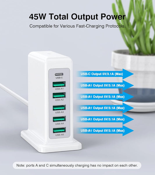 Voteen 45W 6 Port USB Charger Charging Block with 1 USB C 5 USB A Port, USB Power Strip Plug Charging Hub Multi Travel Chargers for iPhone iPad, Tablets, Smartphones - PuriLite
