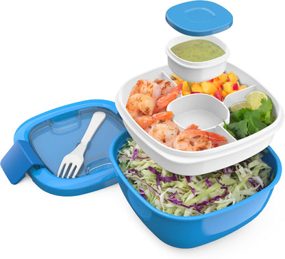 Bentgo Salad - Stackable Lunch Container with Large 54-oz Salad Bowl, 4-Compartment Bento-Style Tray for Toppings, 3-oz Sauce Container for Dressings, Built-in Reusable Fork & BPA-Free (Khaki Green)