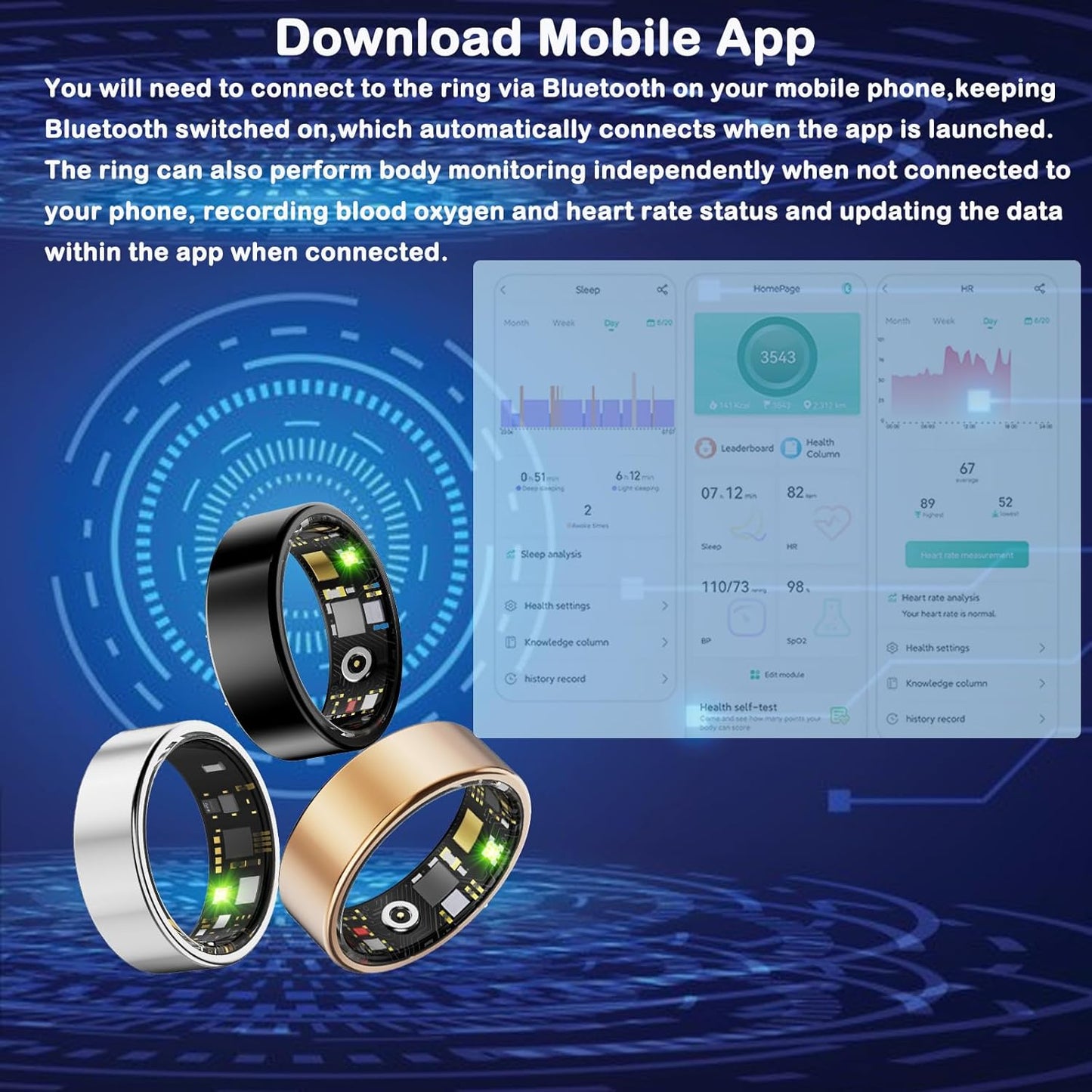 Smart Fitness ; Health Ring – Rechargeable Waterproof Activity & Sleep Tracker (Silver, Size 11)