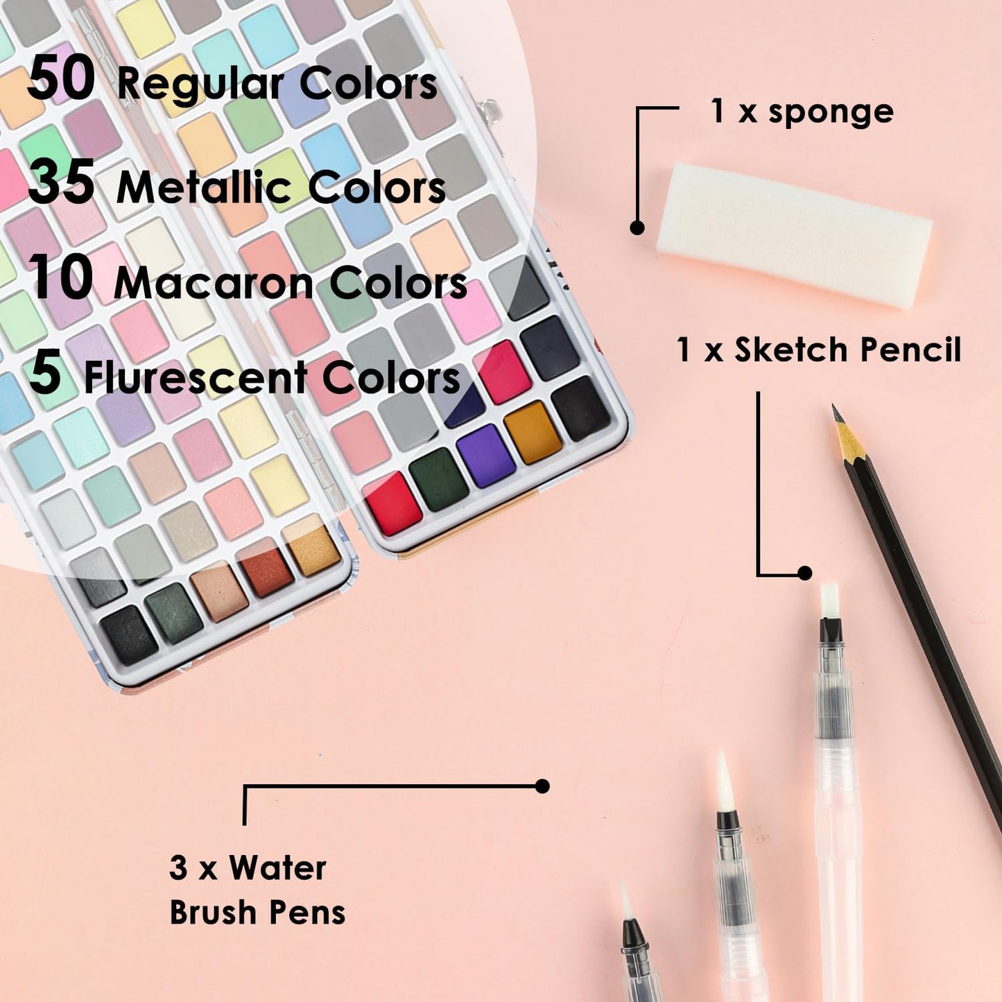 Grabie 100 Color Watercolor Paint Set with Water Brush Pens | Water Brush Pens Included, Portable Carrying Case, High Pigment Paints, Smooth Blending, Travel Painting