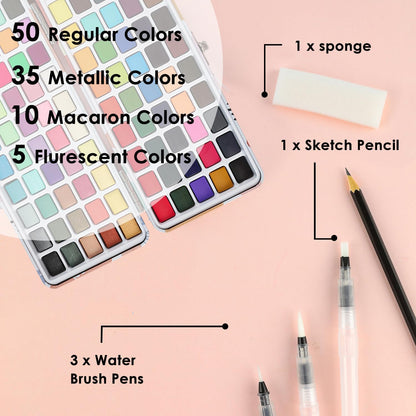 Grabie 100 Color Watercolor Paint Set with Water Brush Pens | Water Brush Pens Included, Portable Carrying Case, High Pigment Paints, Smooth Blending, Travel Painting