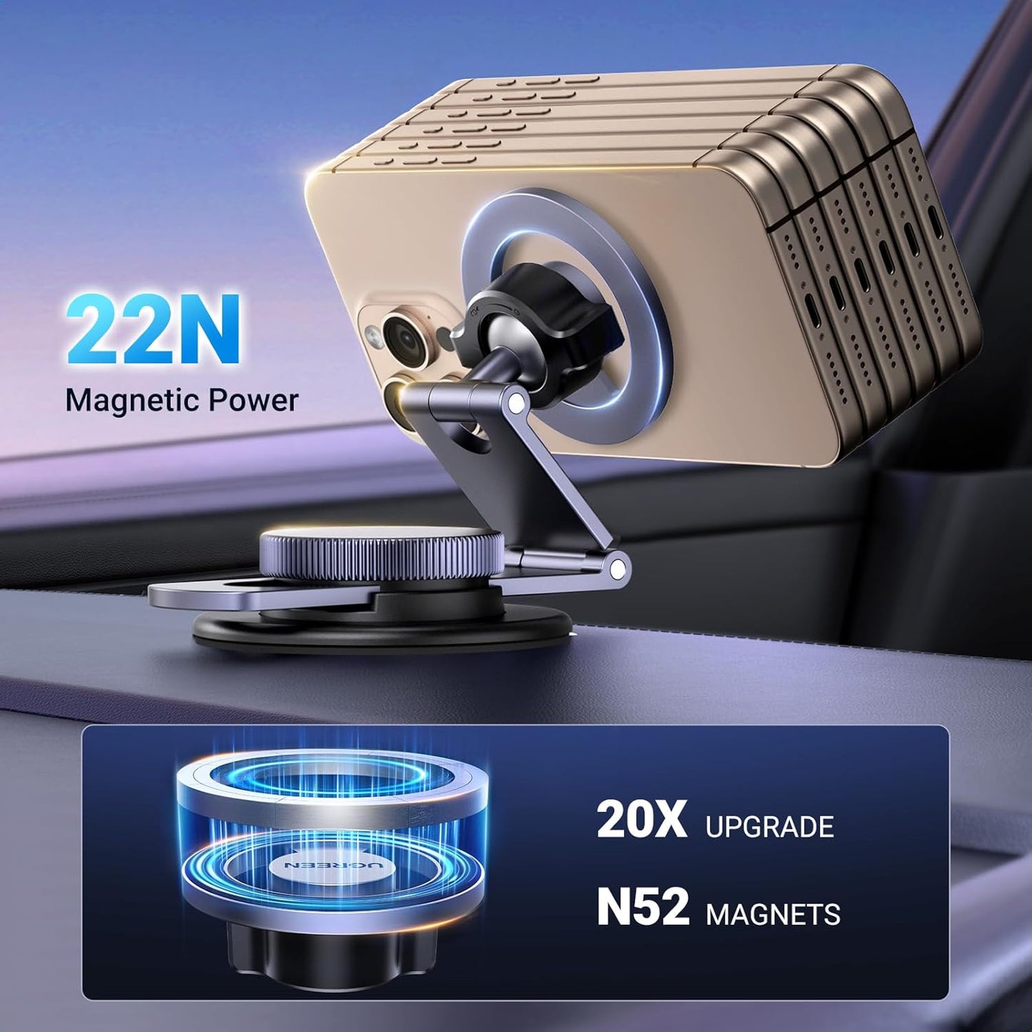 UGREEN Magsafe Phone Mount for Car 360° Rotation Magnetic Phone Holder Dashboard Cell Phone Holder Compatible for iPhone 16 15 14 13 12 Series and MagSafe Case