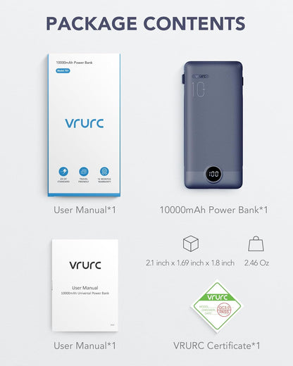 Portable Charger Built-in Cables and AC Wall Plug, VRURC USB C Power Bank 10000mAh, [2025 Upgraded Version] Phone Charger Compact Lightweight External Battery Pack for Smart Phones,Navy Blue