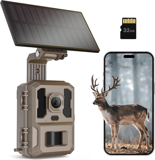Misstech 4K UHD Solar Trail Camera for Game & Wildlife Monitoring - 0.1s Motion Trigger to Capture Fast Animals, 64MP/4K Clear Night Vision, Map Pin, App Control, IP66 Waterproof, 32GB SD Card