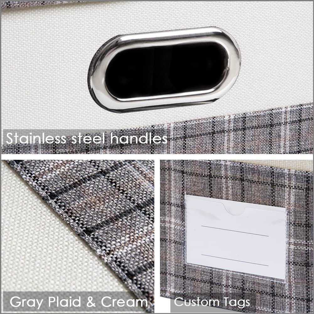 PRANDOM Large Foldable Storage Bin with Lid [1-Pack] Linen Fabric Decorative Storage Box Organizer Containers Basket Cube with Handles Divider for Bedroom Closet Office Living Room (17.7x11.8x11.8")