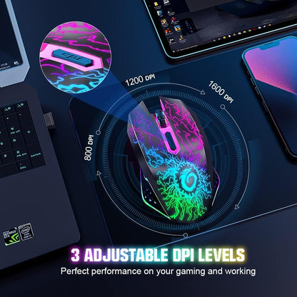 VersionTECH. Wireless Gaming Mouse Rechargeable Computer Mouse Mice Souris with Colorful LED Lights Silent Click 2.4G USB Nano Receiver 3 Level DPI for PC Gamer Laptop Desktop Chromebook Mac