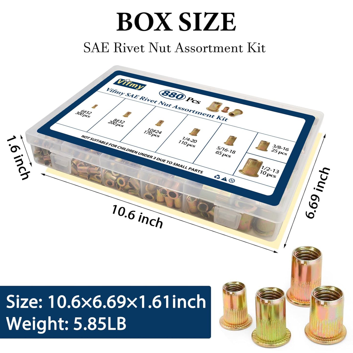 Vifmy Metric & SAE Rivet Nut Assortment Kit(420 Pcs),m3 m4 m5 m6 m8 m10 m12#6-32#8-32#10-24 1/4"-20 5/16"-18 3/8"-16 UNC Flat Head Rivnut Set,Zinc Plated Finish Carbon Steel Nutsert