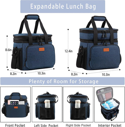 Expandable Large Lunch Bag, Double Deck Insulated Lunch Box Leakproof Durable Soft Cooler Bag for Men Women Adults Work Construction Beach Picnic Daytrip,16L,Black, GLENKEY