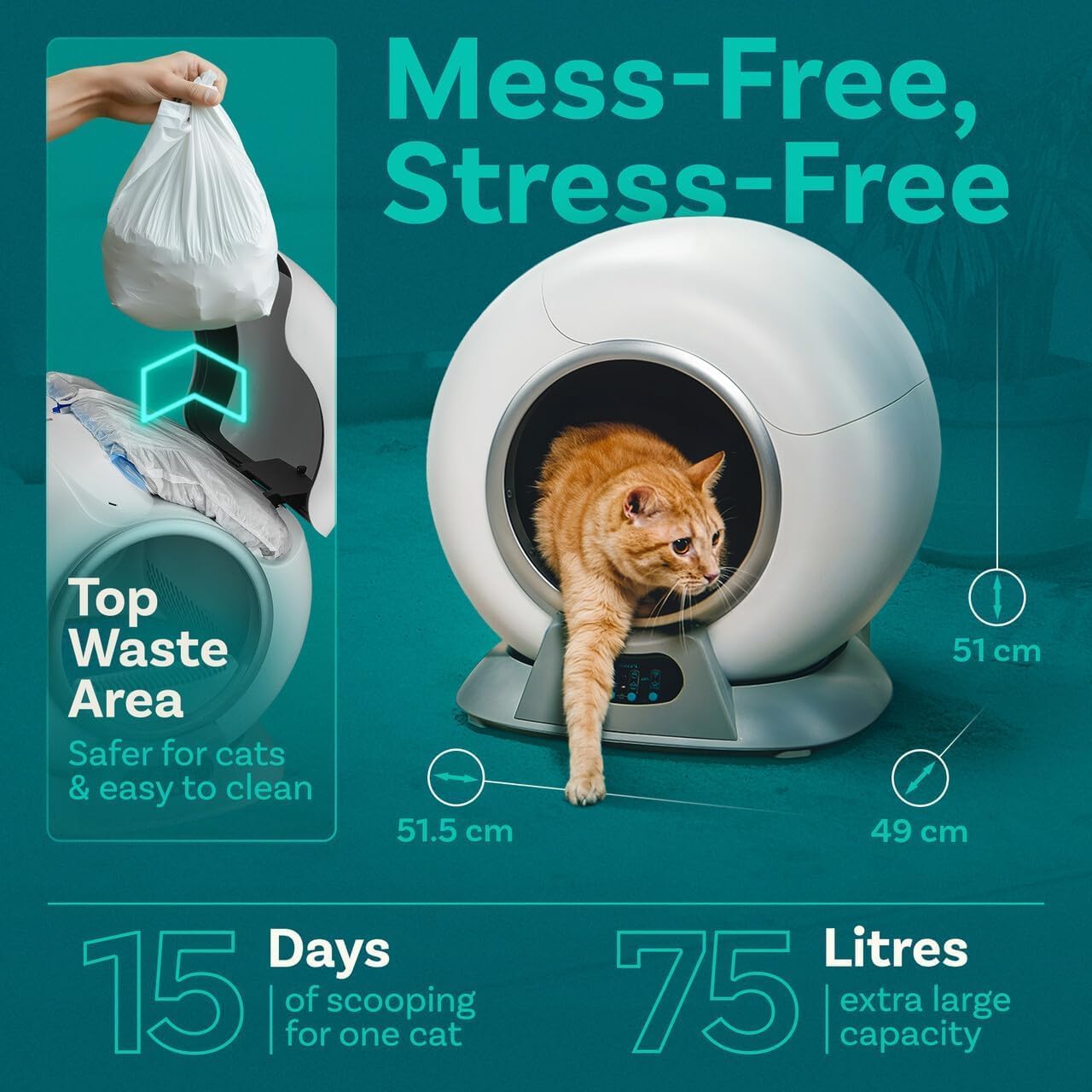 PetCove Self Cleaning Litter Box - Automatic Cat Litter Box up to 75L, App‑Control Cat Litter Box with Integrated Safety Protection, Advanced Odor Control & Smart Weight Monitoring with Cat Litter Bag