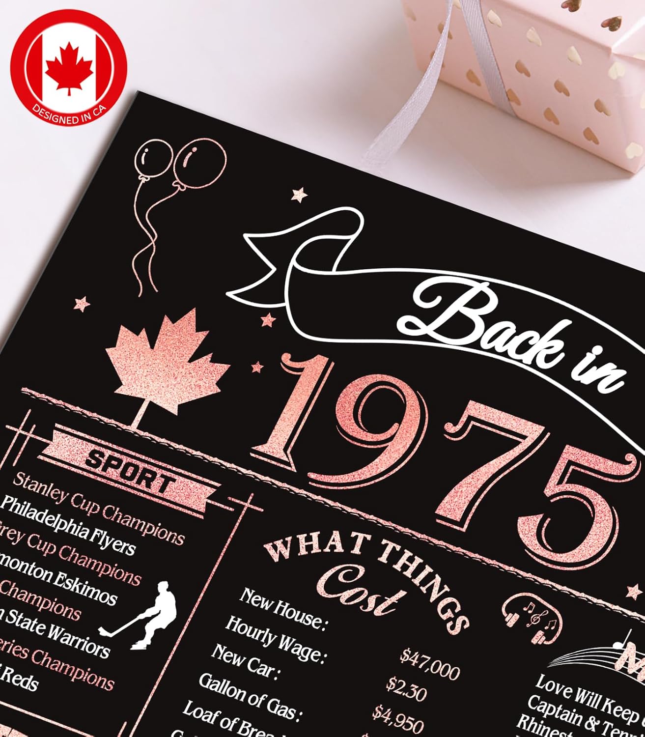 50th Birthday Card, Jumbo CANADA 25x20cm Back in 1975, Gilding Happy 50th Birthday Decoration for Woman, Men, Funny 50 Birthday Gifts for Wife, Husband, Him, Her, Mom