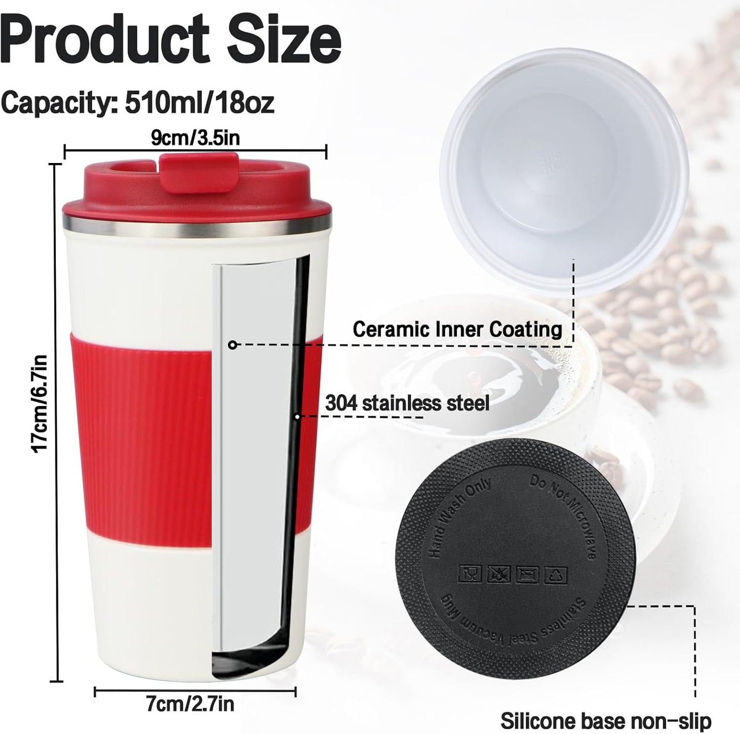 18oz Mug with Ceramic Coating Inside, Insulated Coffee Mug with Lid, Leak Proof Coffee Travel Mug, Travel Coffee Mug Fits in Car Cup Holder