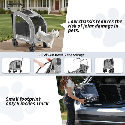 EchoSmile Dog Stroller for Small Medium Dogs Cats Up to 135 lbs, All-Terrain Pet Stroller with Dual Brakes, Car Safe Travel Puppy Carrier,Gray