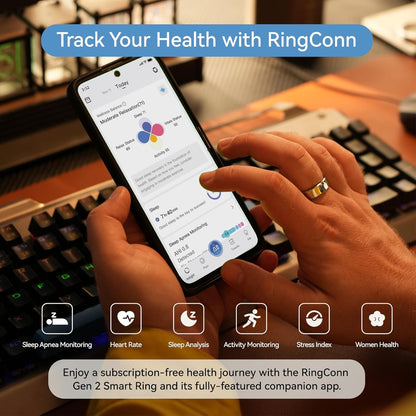 RingConn Gen 2 Smart Ring, No App Subscription, Size First with Sizing Kit, 12-Day Battery Life, Stress/Women's Health Tracker, Compatible with Android & iOS (Black, Size 8)