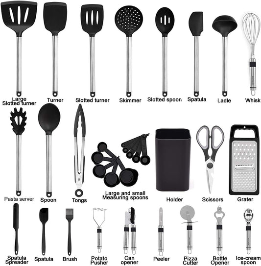 Kitchen Utensil Set-Silicone Cooking Utensils-33 Kitchen Gadgets & Spoons for Nonstick Cookware-Silicone and Stainless Steel Spatula Set-Best Kitchen Tools, Useful Pots and Pans Accessories - PuriLite