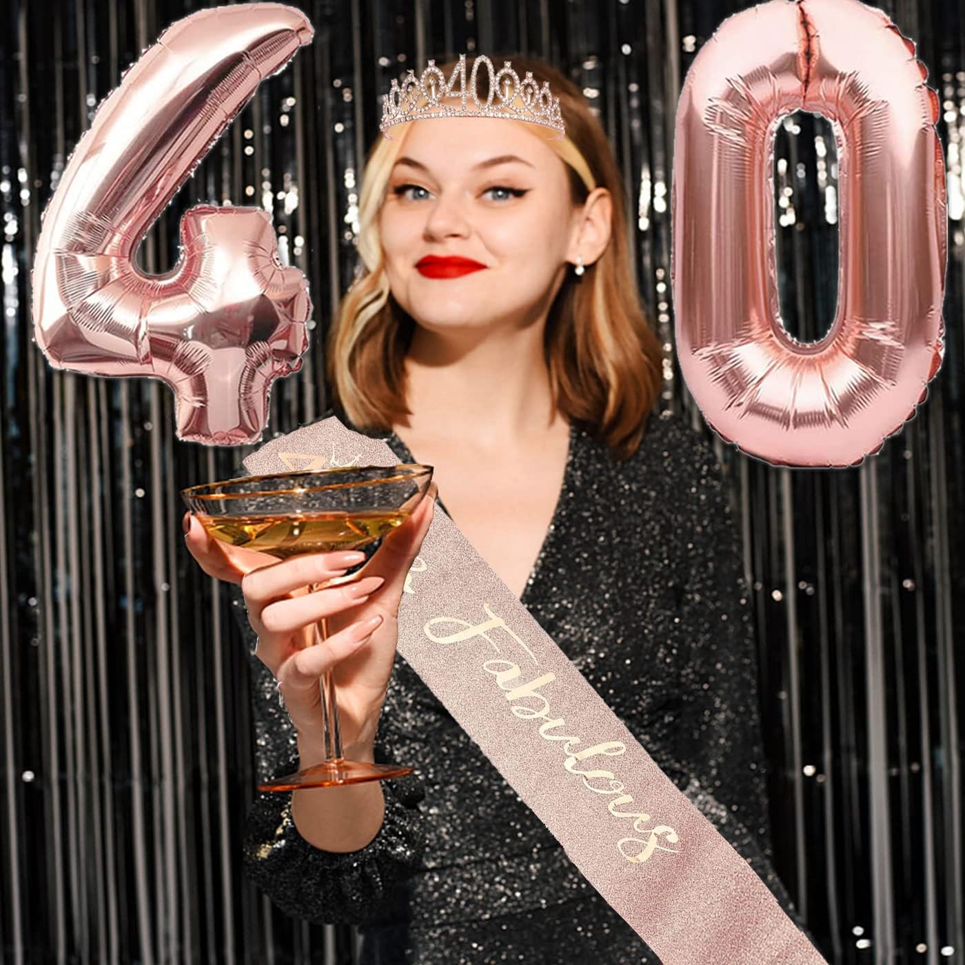 8pcs 40th Birthday Decorations gifts for Women, Including 40th Happy Birthday Cake Topper, Queen Sash with Pearl Pin, Sweet Rhinestone Tiara Crown for Women, Number Candles and Balloons (Rose Gold)