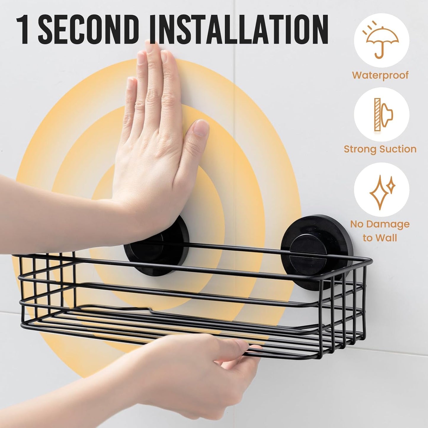 LEVERLOC Shower Caddy Suction Cup, 2 Pack Black Shower Shelf with Hooks and Soap Holder, NO-Drilling Bathroom Organizer, Rustproof Metal Bathroom Storage and Organization
