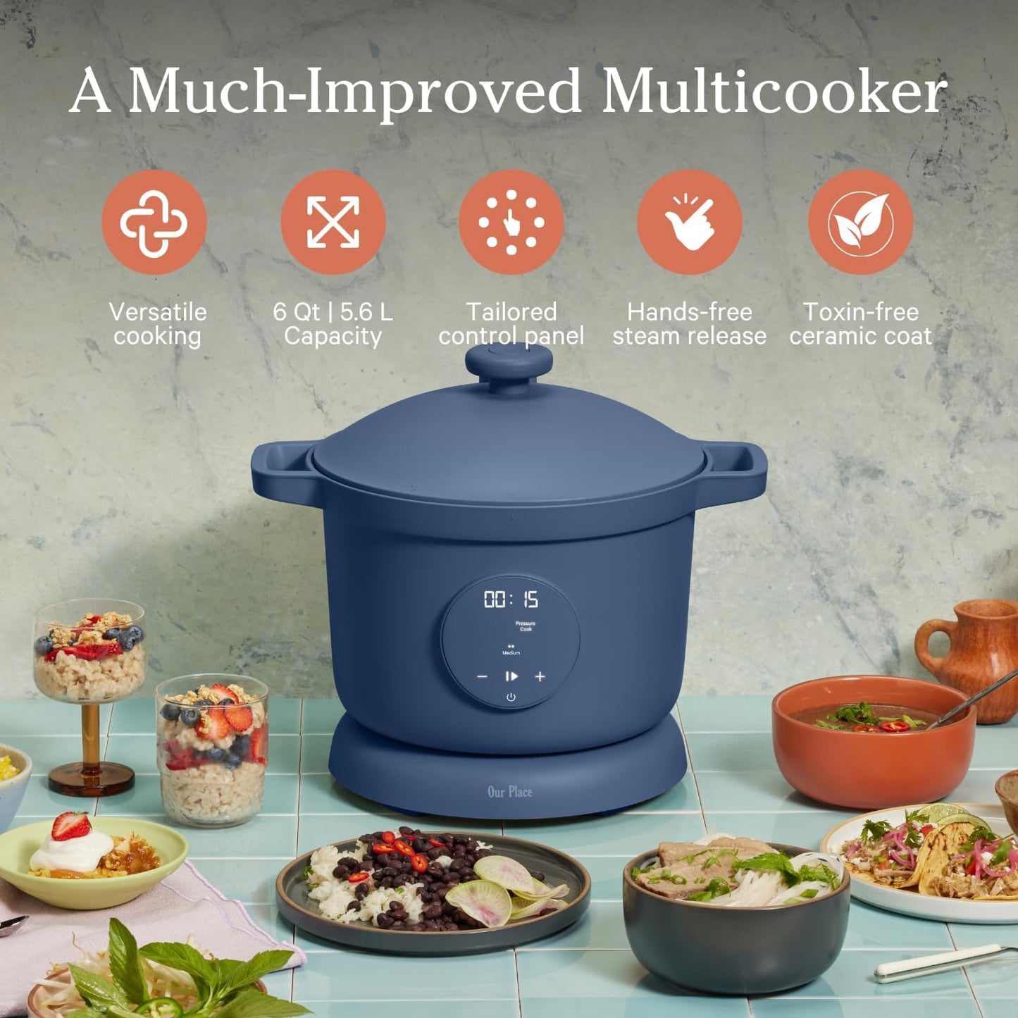 Our Place Dream Cooker | 5.6 L. Multicooker | 4 Versatile Modes | Pressure Cook, Slow Cook, Sear & Saute, Keep Warm | Hands-Free Steam Release | Tailored Control Panel | Blue Salt
