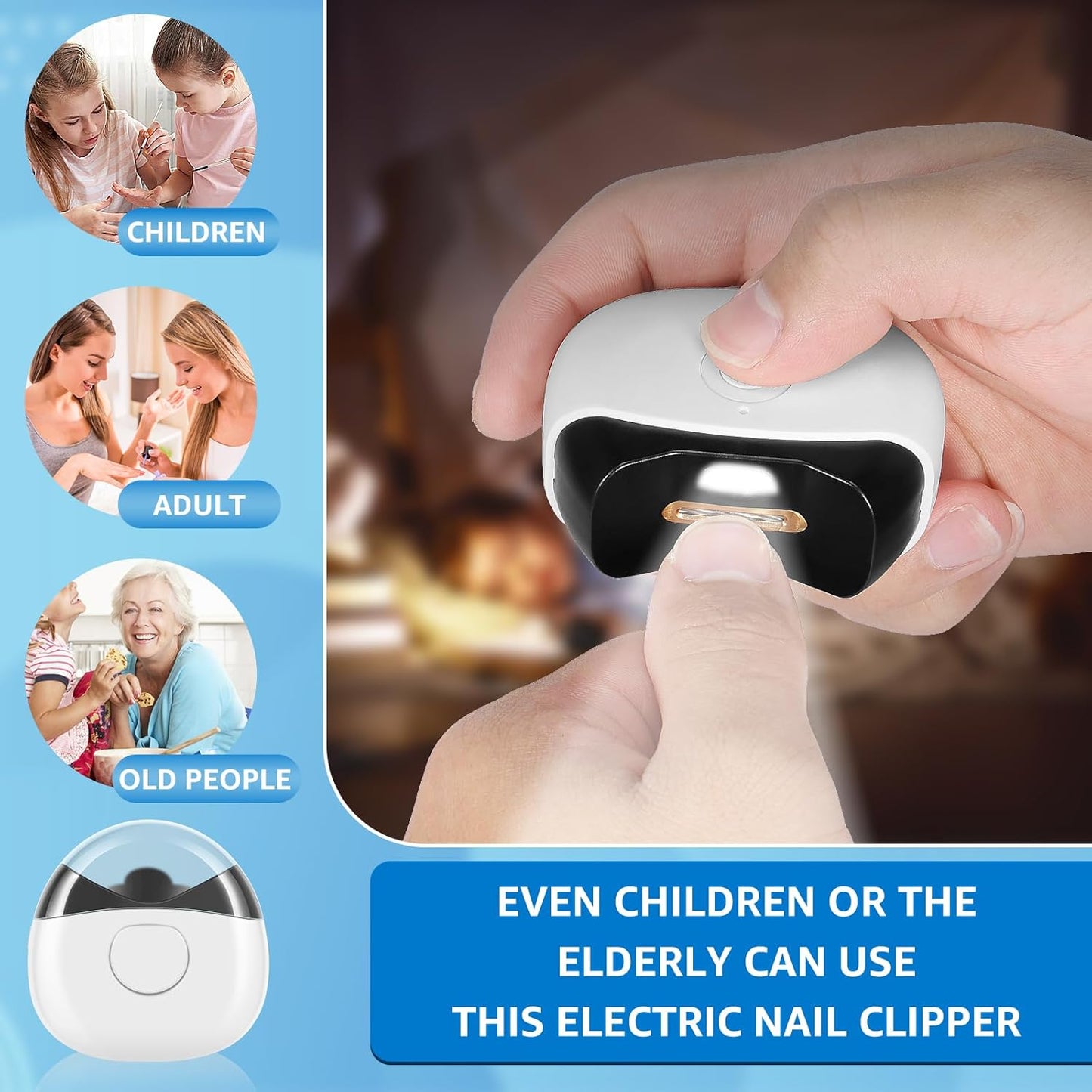 Electric Nail Clippers, Nail Trimmer with LED Light, Rechargeable Electric Fingernail Cutter with Nail Scraps, Safety Fingernail Trimmer Nail Scissors for Baby Kids Adult (White)