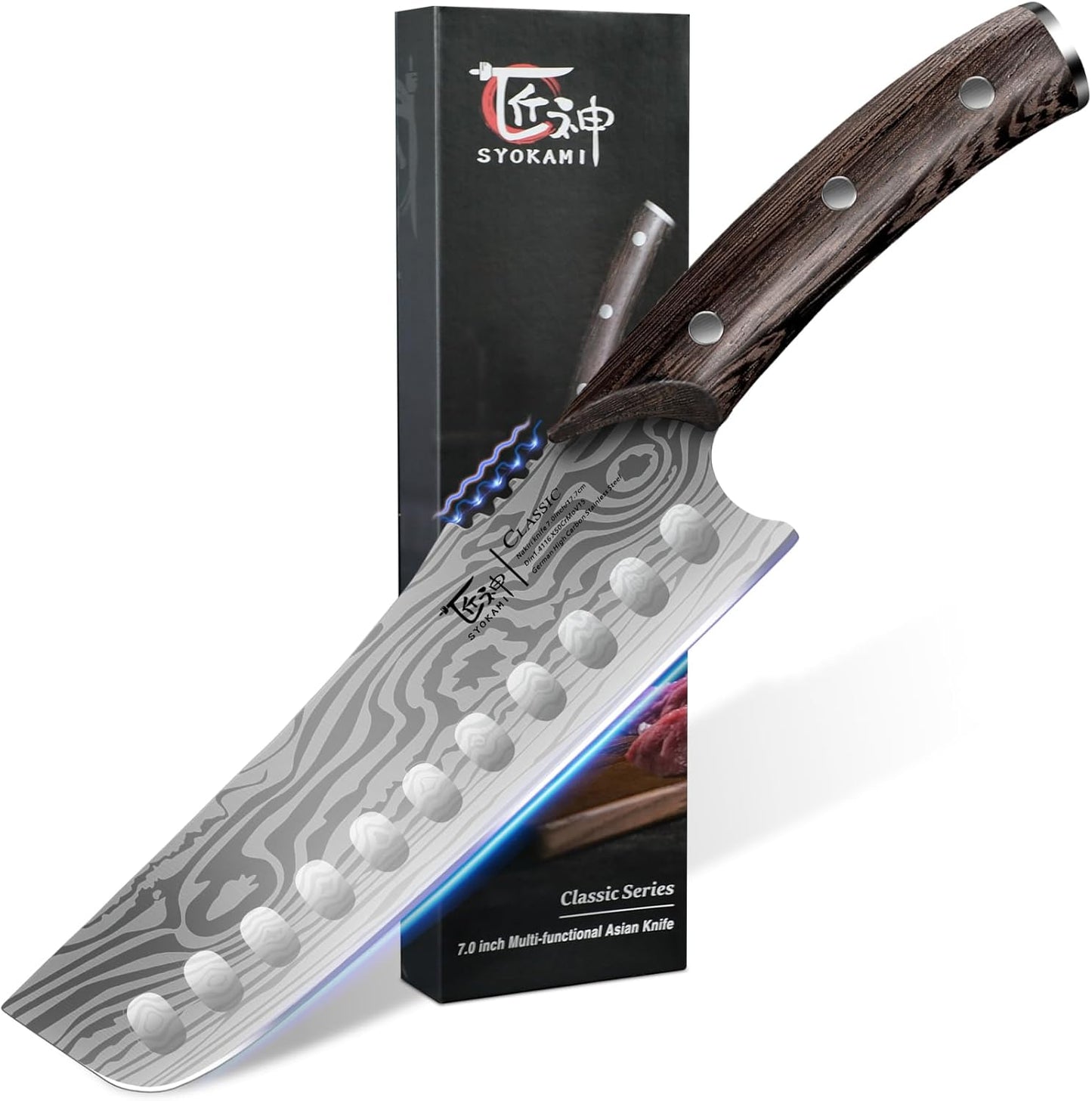 SYOKAMI Meat Cleaver Chef Knife, 7.7 Inch Multifunction Butcher Knife with Herb Stripper and Sheath, Chinese Cleaver Heavy Duty Bone Chopper, Meat Cutting, Damascus Pattern Full Tang Wood Handle