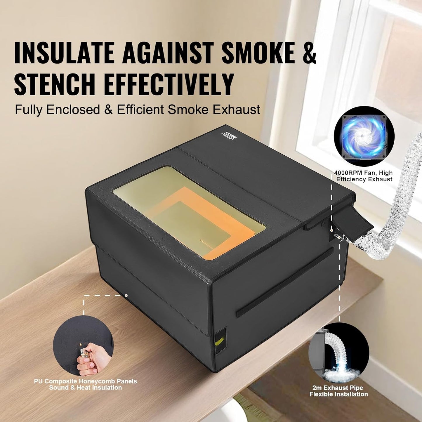 VEVOR Laser Engraver Enclosure, 31.5 x 31.5 x 19.6", Dual-Direction Viewing, Flame Retardant and Fireproof Protective Cover, with Exhaust Fan and Pipe, Insulates Smoke, Noise and Eye Protection