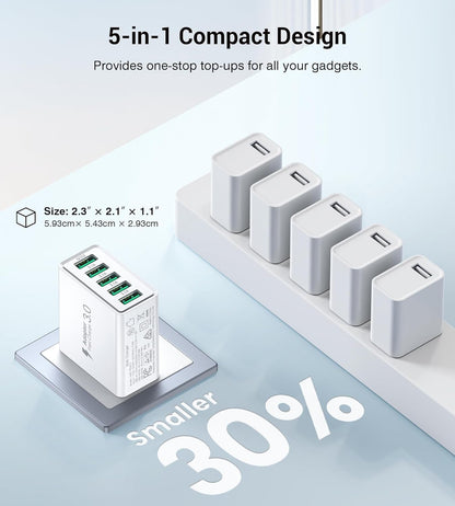 50W USB Wall Charger Block,2Pack 5-Port Charger Fast Charging Block QC 3.0 Multiport Box Brick Cube USB A Wall Plug for iPhone 16/15/14 Pro Max Plus, iPad,Galaxy, LG, Moto, Android Phones,AirPorts